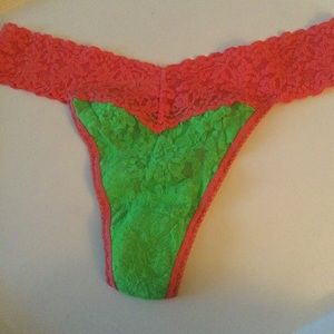 HANKY PANKY COLORPLAY STRETCH LACE ORIGINAL RISE THONG GREEN/CORAL OS NWOT